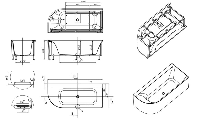 Zenn hoekbad rechts 170 x 75 cm acryl glans wit met waste glans wit