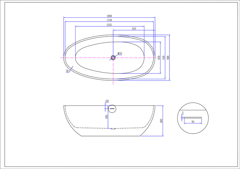 Ellips vrijstaand bad 180 x 90 x 60 cm acryl glans wit met waste glans wit