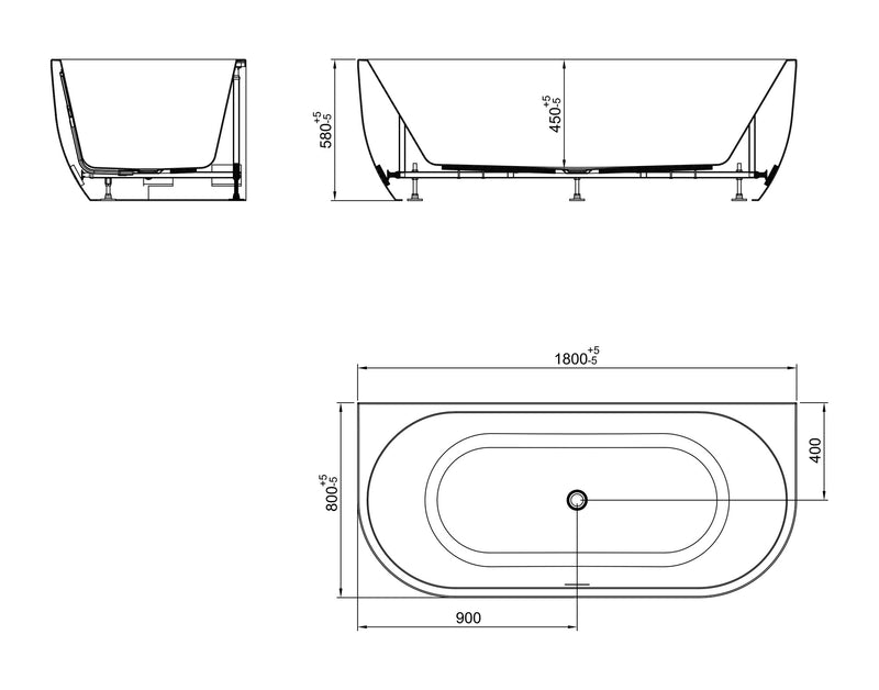 Liora half vrijstaand ligbad 180 x 80 cm acryl glans wit met waste glans wit