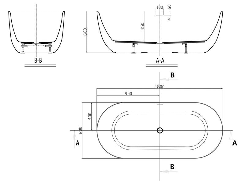 Trens vrijstaand ligbad 180 x 80 cm acryl mat wit met waste mat wit