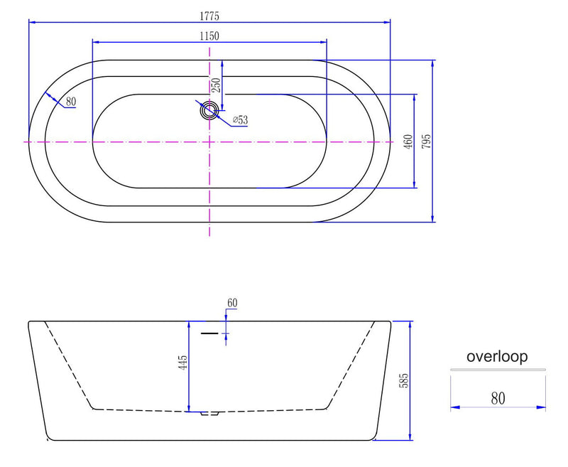 Bianco vrijstaand ligbad 178 x 80 cm acryl glans wit met waste glans wit