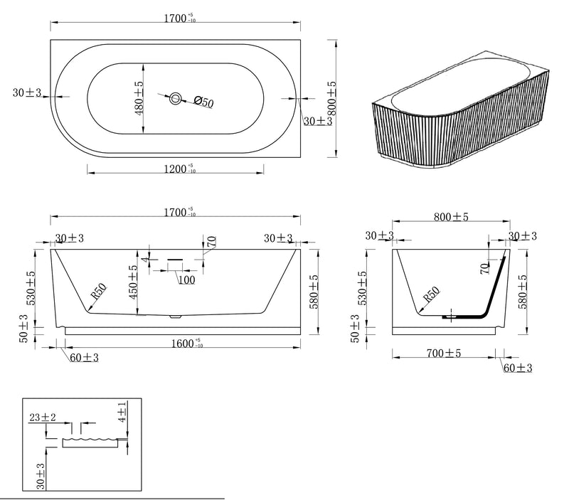 Rivi hoekbad rechts 170 x 80 cm acryl glans wit met waste glans wit