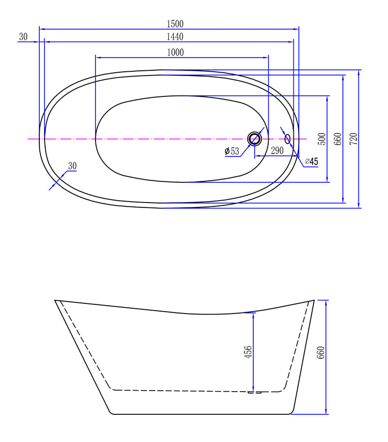 Trapeze vrijstaand ligbad 150 x 72 cm acryl glans wit met waste glans wit