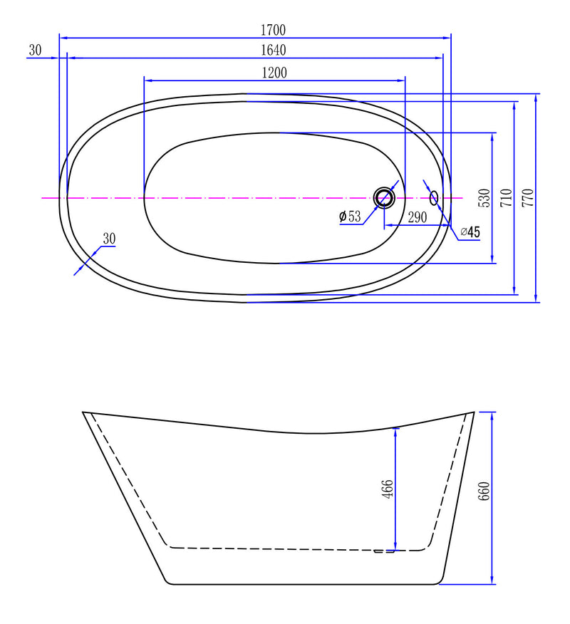 Trapeze vrijstaand ligbad 170 x 77 cm acryl glans wit met waste glans wit