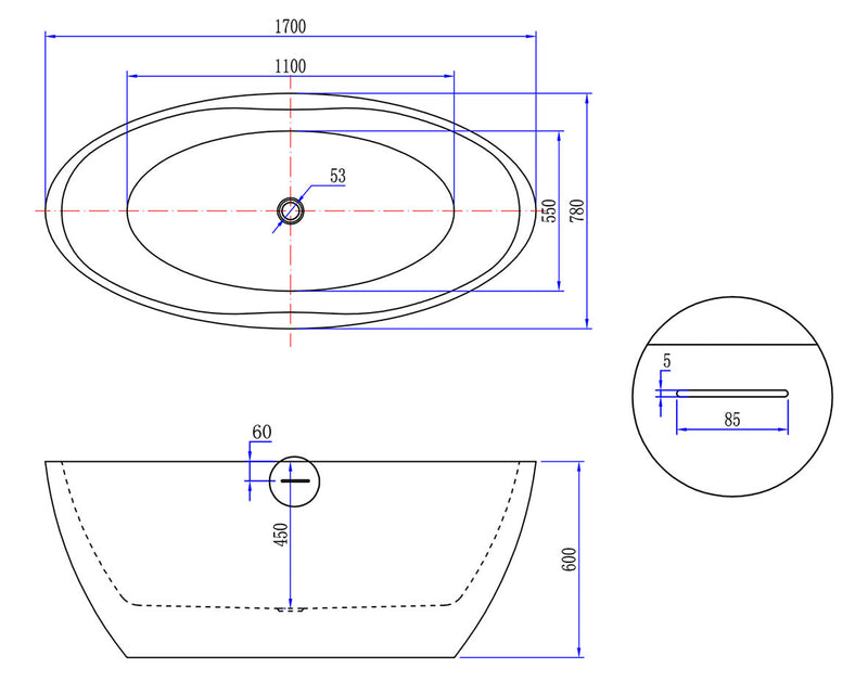 Oval vrijstaand ligbad 170 x 78 cm acryl mat wit met waste mat wit