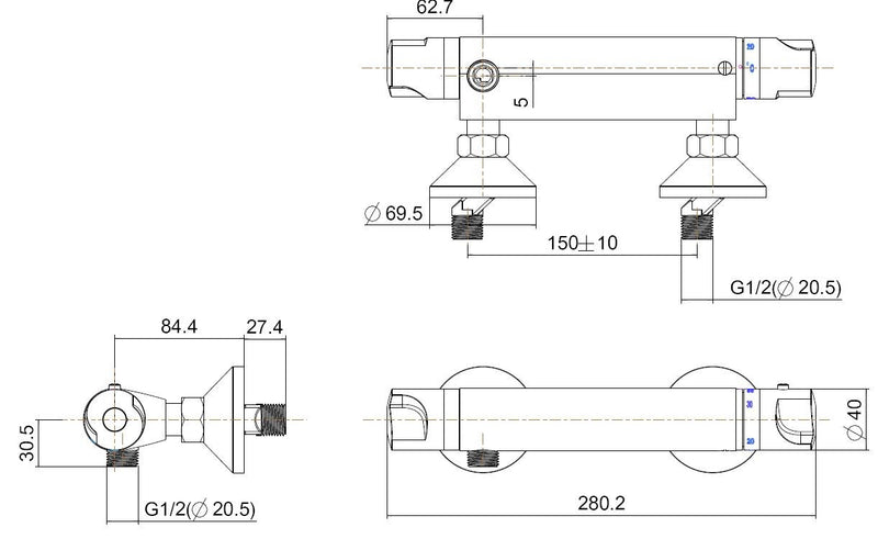 Universele thermostatische douchemengkraan 15cm chroom