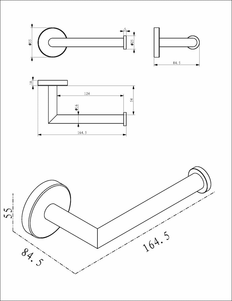 Alonzo toiletrolhouder met vaste arm mat zwart