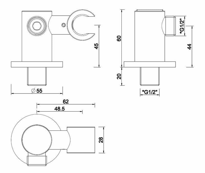 UniMatch wandaansluitbocht met kantelbare handdouchehouder rond 1/2" geborsteld brons koper PVD