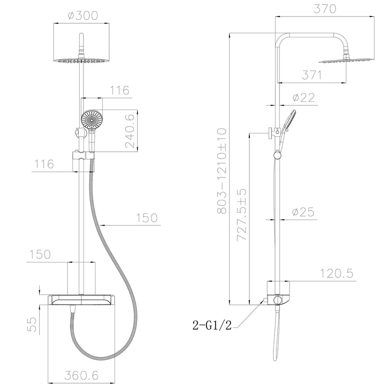Tondell thermostatische regendoucheset opbouw met planchet mat zwart
