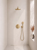 Caral inbouwthermostaat 2 weg rond compleet met hoofddouche 25 cm en 3 standen handdouche handdouche geborsteld messing