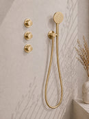 Caral inbouwthermostaat 2 stopkranen compleet met hoofddouche 30 cm en 3 standen handdouche geborsteld messing