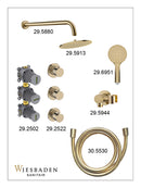 Caral inbouwthermostaat 2 stopkranen compleet met hoofddouche 25 cm en 3 standen handdouche geborsteld messing