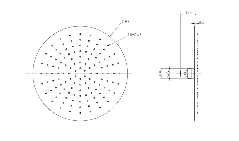 UniMatch hoofddouche rond 30 x 0,8 cm geborsteld messing PVD