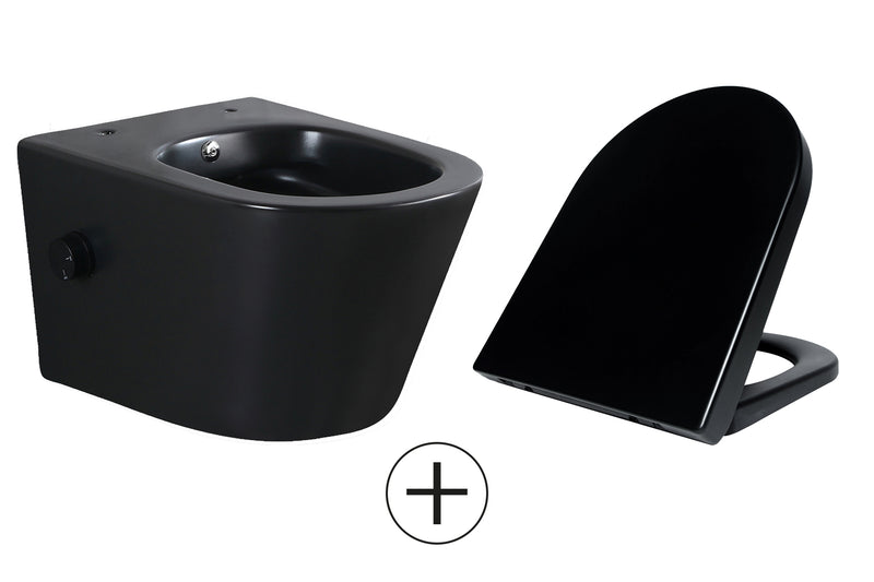 Vesta wandcloset rimless met bidetkraan koud water met Vesta toiletzitting mat zwart