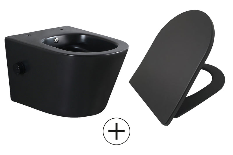 Vesta wandcloset rimless met bidetkraan koud water met Shade slim toiletzitting mat zwart