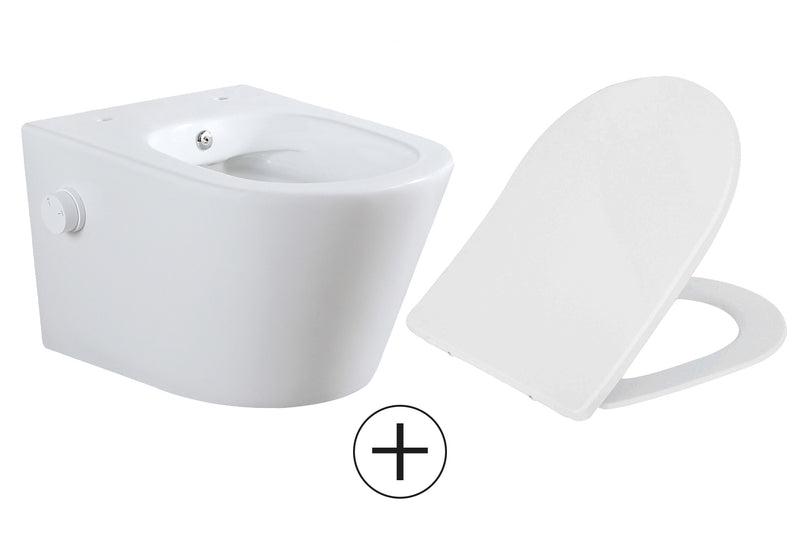 Vesta wandcloset rimless met bidetkraan koud water met Shade slim toiletzitting mat wit