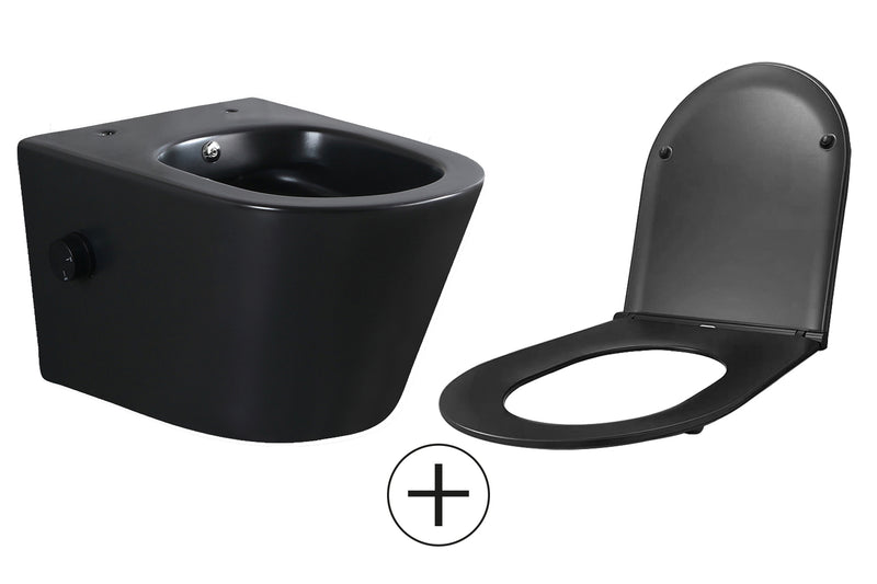 Vesta wandcloset rimless met bidetkraan koud water met Flatline toiletzitting mat zwart
