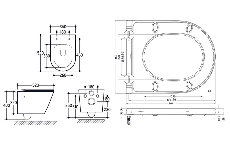 Vesta wandcloset rimless met bidetkraan koud water met Flatline toiletzitting mat zwart