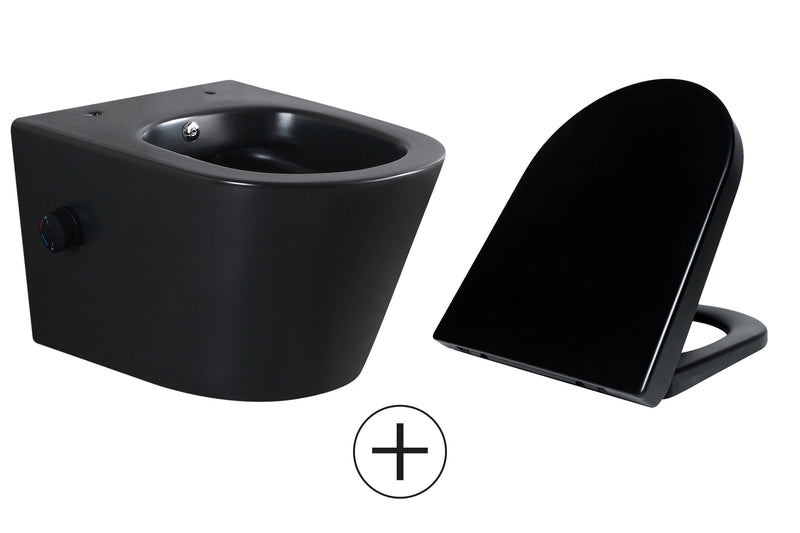 Vesta wandcloset rimless met bidetkraan warm koud water met Vesta toiletzitting mat zwart