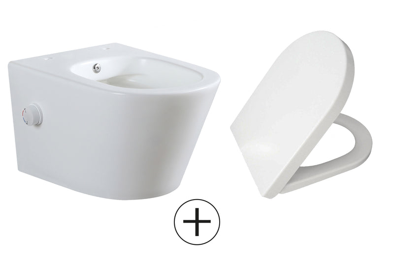 Vesta wandcloset rimless met bidetkraan warm koud water met Vesta toiletzitting mat wit