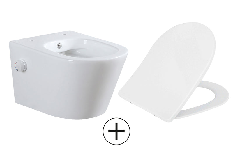 Vesta wandcloset rimless met bidetkraan warm koud water met Shade slim toiletzitting glans wit