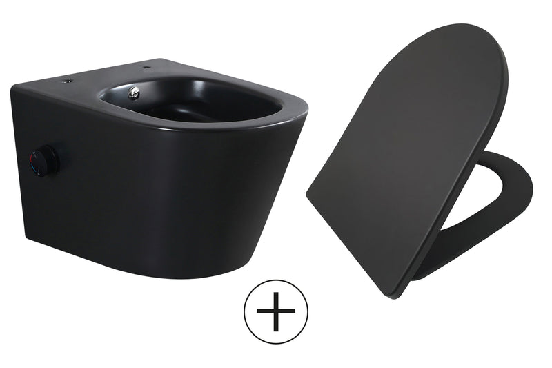 Vesta wandcloset rimless met bidetkraan warm koud water met Shade slim toiletzitting mat zwart