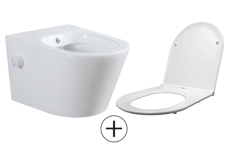 Vesta wandcloset rimless met bidetkraan warm koud water met Flatline toiletzitting glans wit