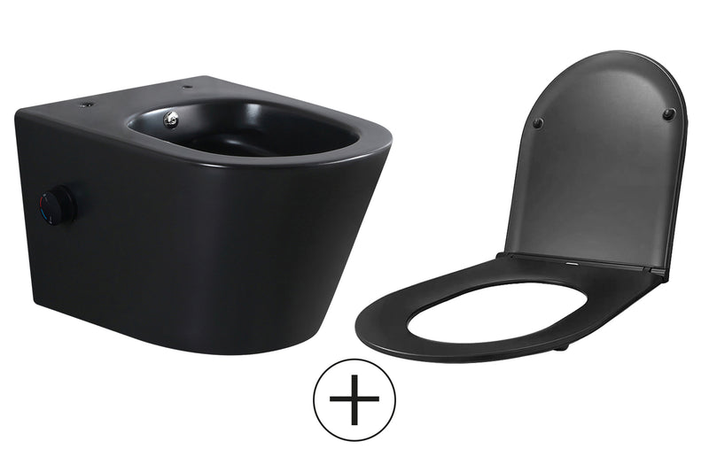 Vesta wandcloset rimless met bidetkraan warm koud water met Flatline toiletzitting mat zwart