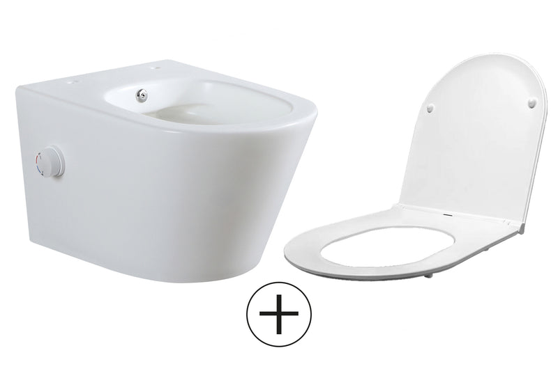 Vesta wandcloset rimless met bidetkraan warm koud water met Flatline toiletzitting mat wit