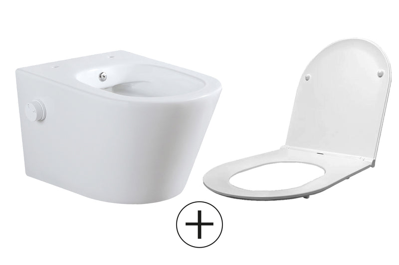 Vesta wandcloset rimless met bidetkraan koud water met Flatline toiletzitting mat wit