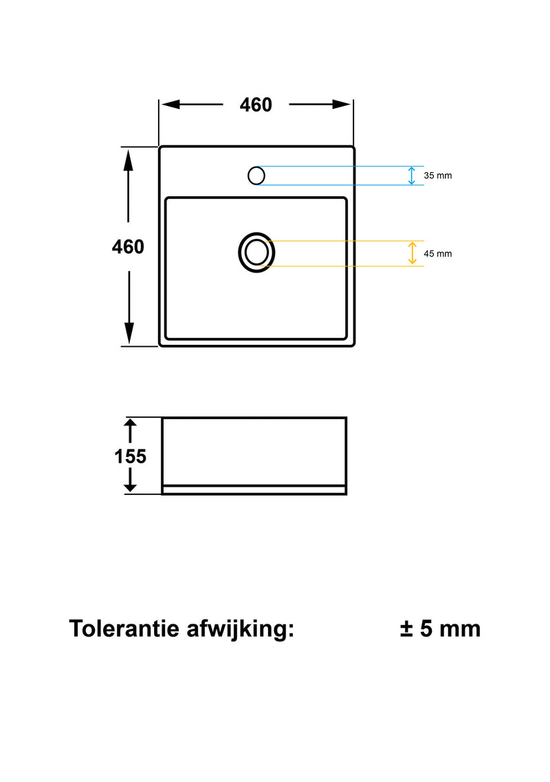 Larx waskom vierkant 46 x 46 x 16,5 cm keramiek glans wit