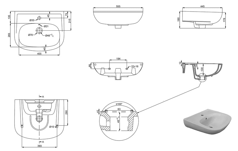 Trevi wastafel 56 x 45 cm wit