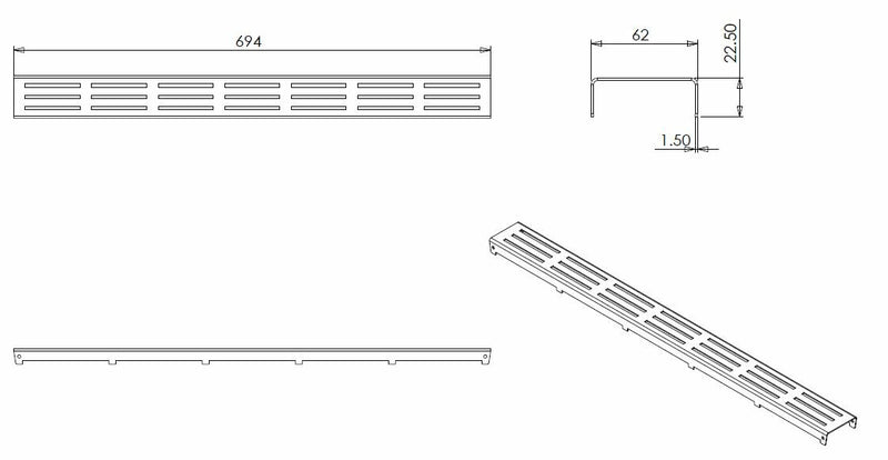Rooster type 1 voor douchegoot  70 x 7 cm RVS