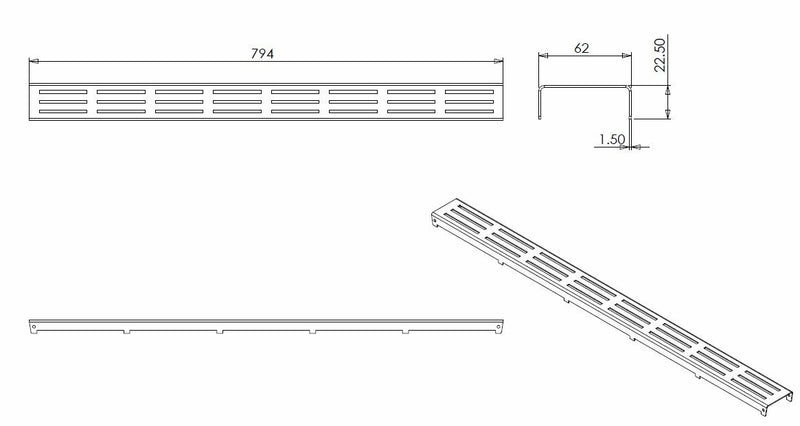 Rooster type 1 voor douchegoot  80 x 7 cm RVS