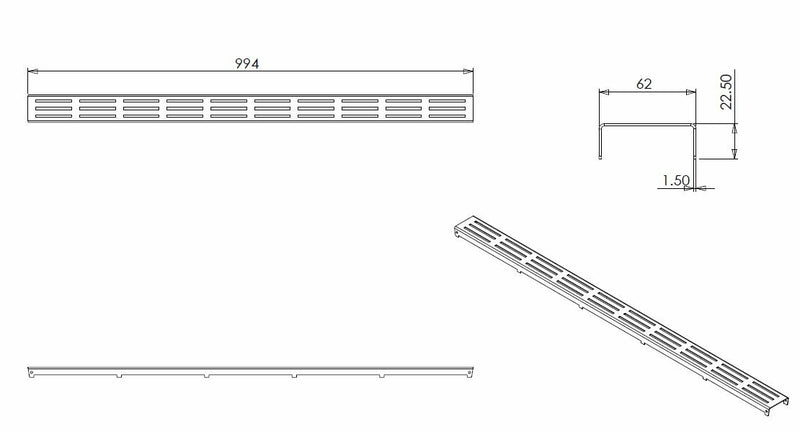rooster type 1 voor 3e generatie douchegoot 100 x 7 cm RVS