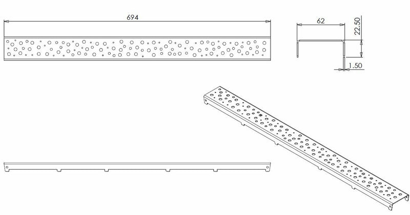 Rooster type 3 voor douchegoot 70 x 7 cm RVS