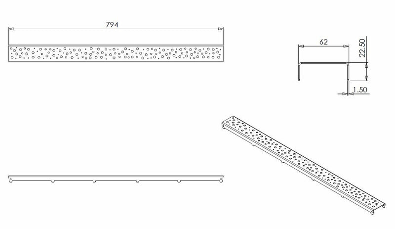 Rooster type 3 voor douchegoot 80 x 7 cm RVS