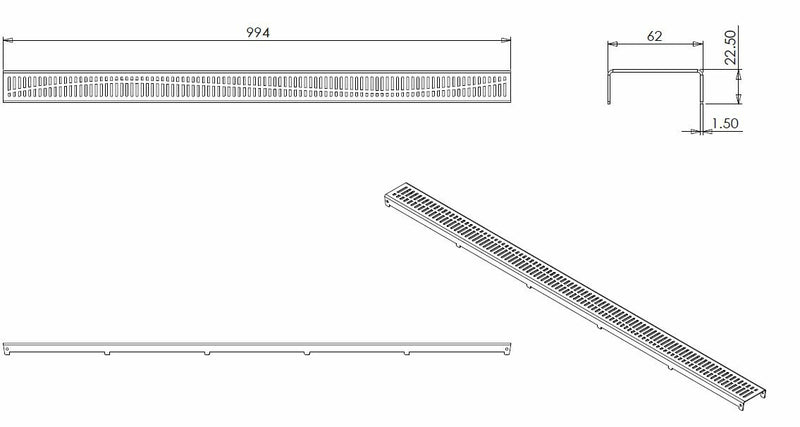rooster type 5 voor 3e generatie douchegoot 100 x 7 cm RVS