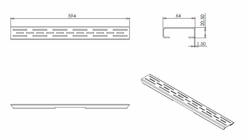 Rooster voor douchegoot met flens 60 x 7 cm mat zwart