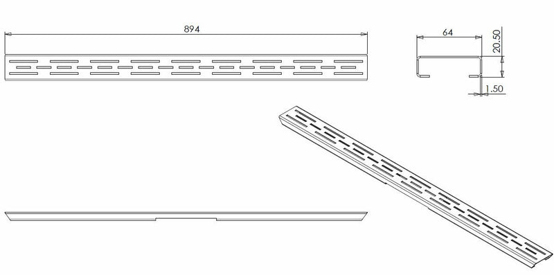 Rooster voor douchegoot met flens 90 x 7 cm mat zwart