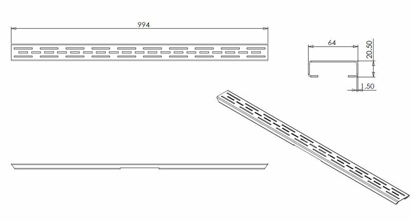 Rooster voor douchegoot met flens 100 x 7 cm mat zwart