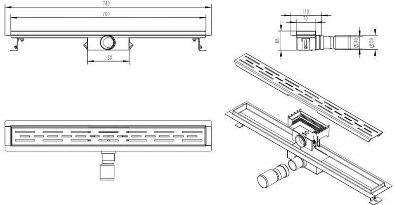 Douchegoot met flens en rooster 70 x 7 cm geborsteld brons koper PVD