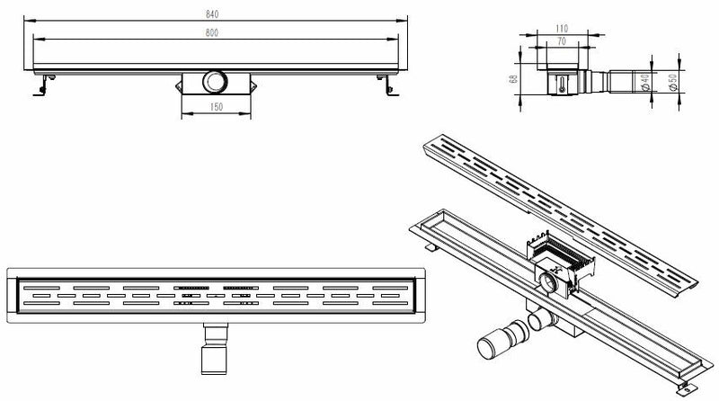 Douchegoot met flens en rooster 80 x 7 cm geborsteld brons koper PVD