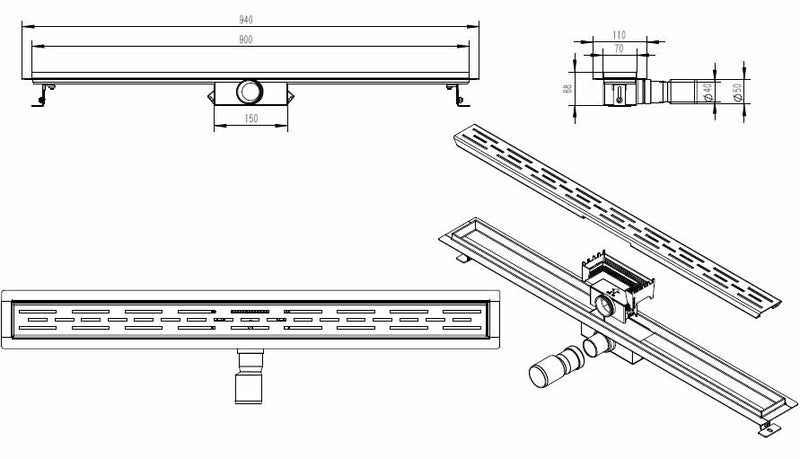Douchegoot met flens en rooster 90 x 7 cm geborsteld brons koper PVD