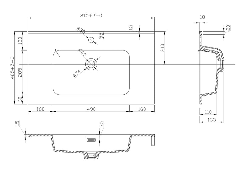 Ribbella wastafel 80 cm kunstmarmer mat zwart