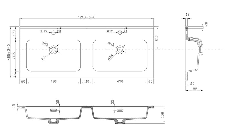 Ribbella wastafel 120 cm kunstmarmer mat zwart