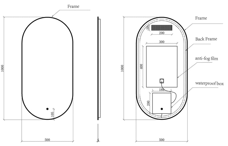 Nomi spiegel met lijst ovaal met LED, dimbaar en spiegelverwarming 50 x 100 cm mat zwart