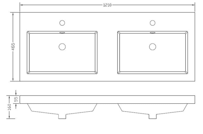 Vision wastafel dubbel met 2 kraangaten 120x46x5