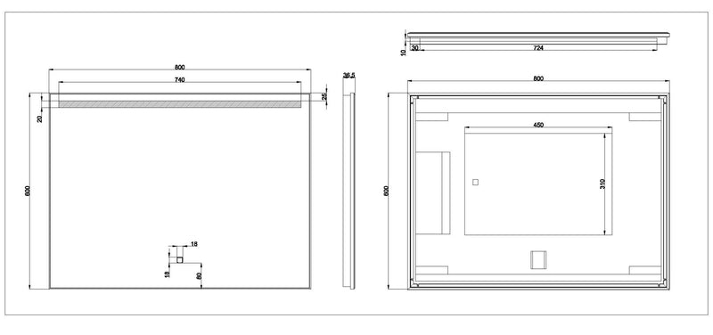 Ambi one spiegel rechthoek met LED, dimbaar en spiegelverwarming 80 x 60 cm