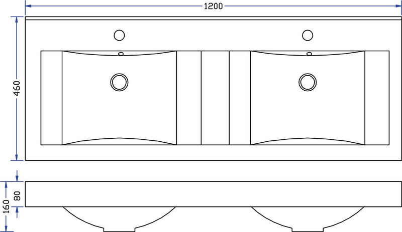 Tigris wastafel dubbel met 2 kraangaten 120x46x8 cm kunstmarmer glans wit